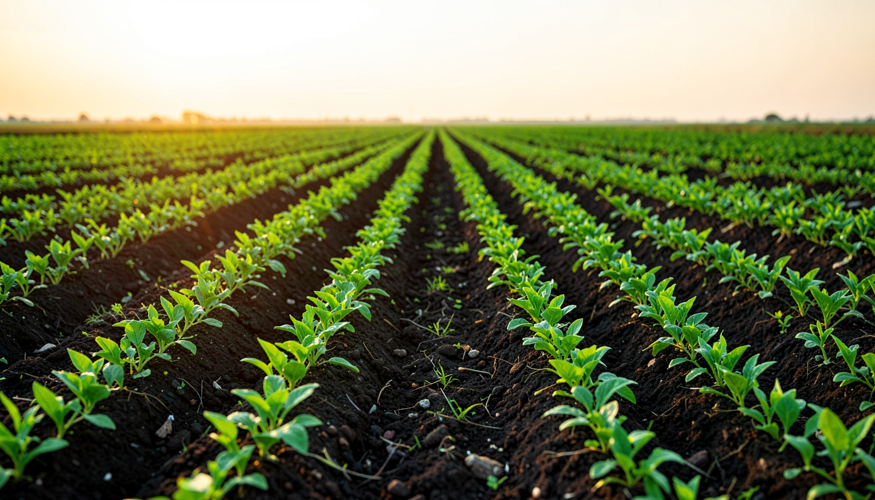 Rows of vibrant green vegetable seedlings in rich dark soil stretching toward a soft morning horizon, warm golden light filtering through
