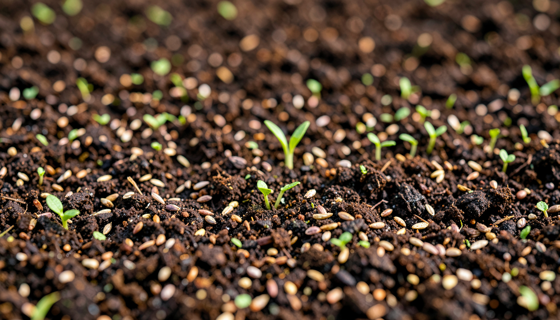 Close-up of rich dark soil with scattered seeds and tiny green sprouts emerging, warm earthy browns and fresh greens, soft natural daylight