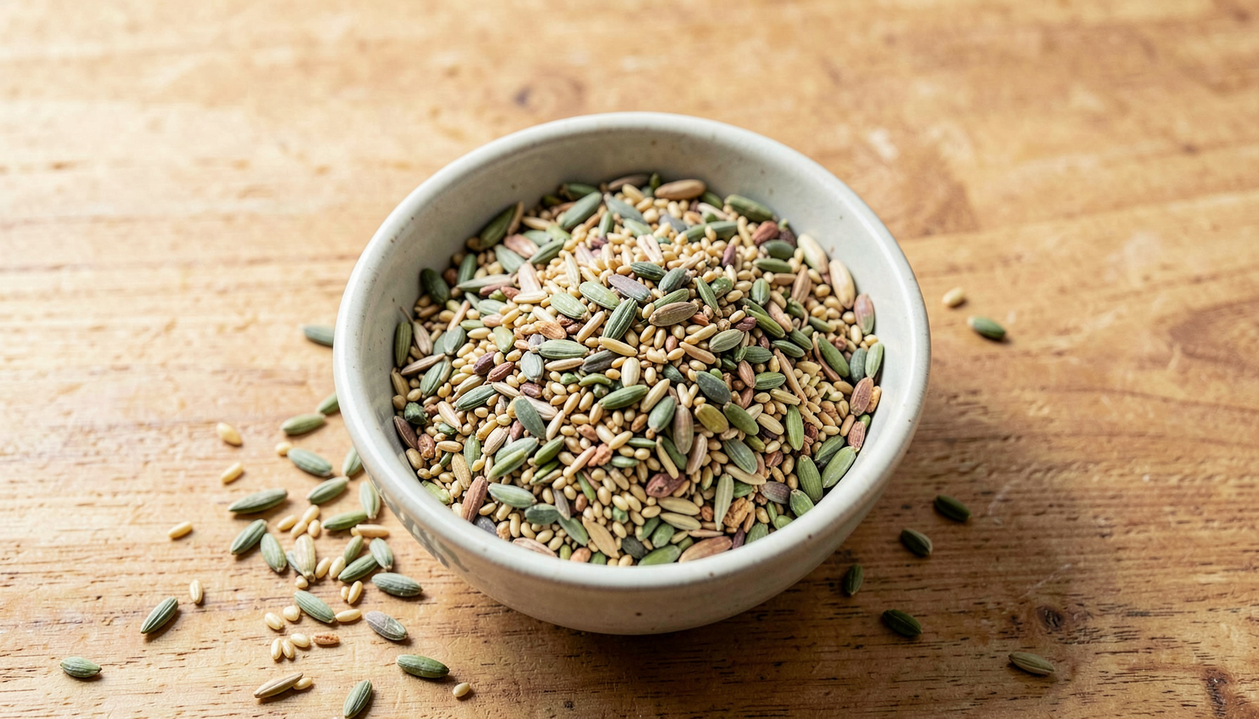 A shallow ceramic bowl filled with mixed bird seed, scattered sunflower seeds and millet on a natural wood surface