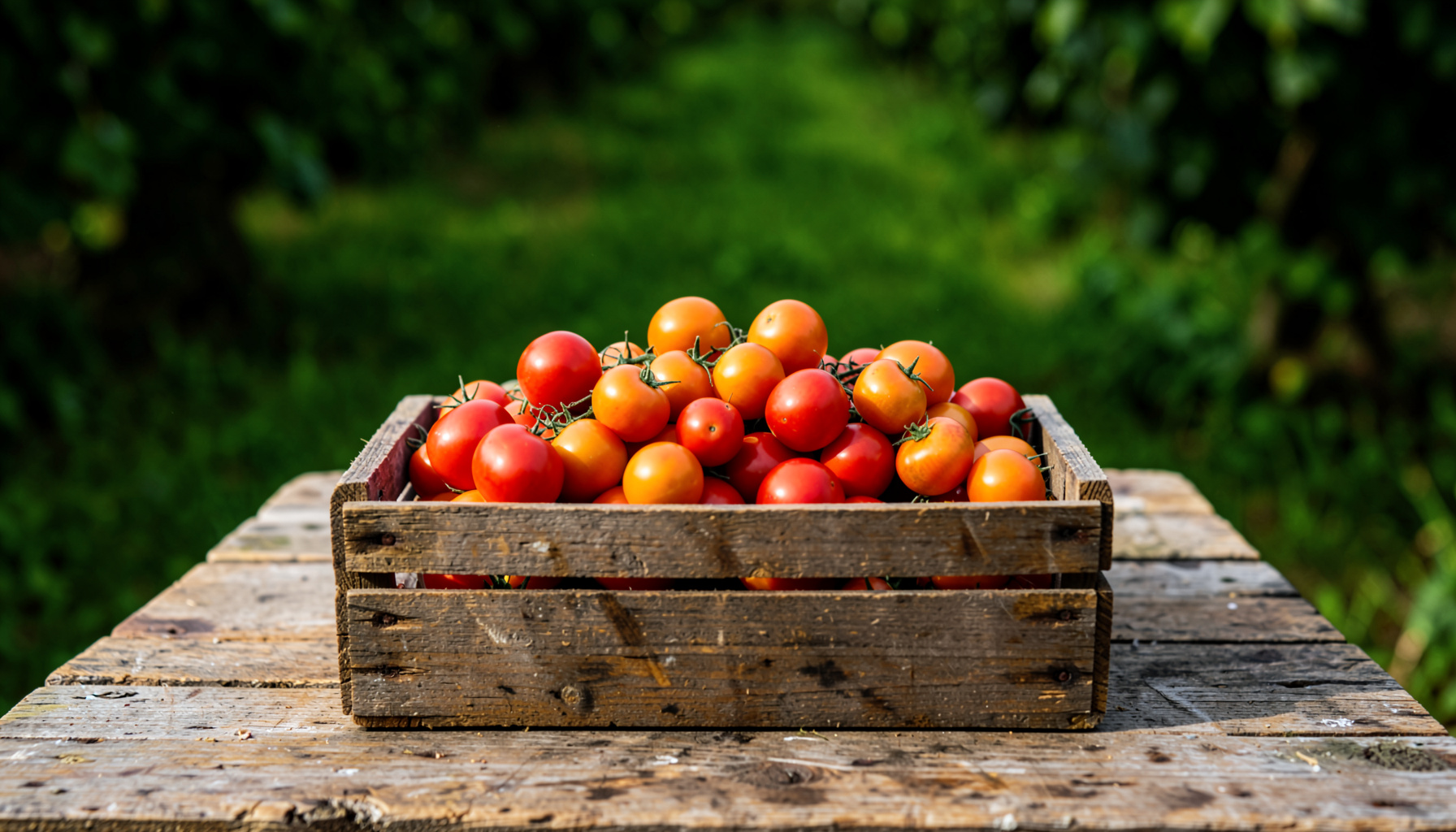 A rustic wooden crate overflowing with ripe red and orange tomatoes on a weathered farm table, rich warm colors