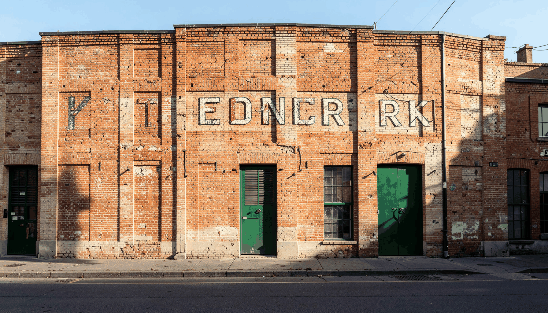 A weathered brick warehouse facade with vintage painted lettering, warm terracotta and cream tones, morning sunlight casting long shadows across the street